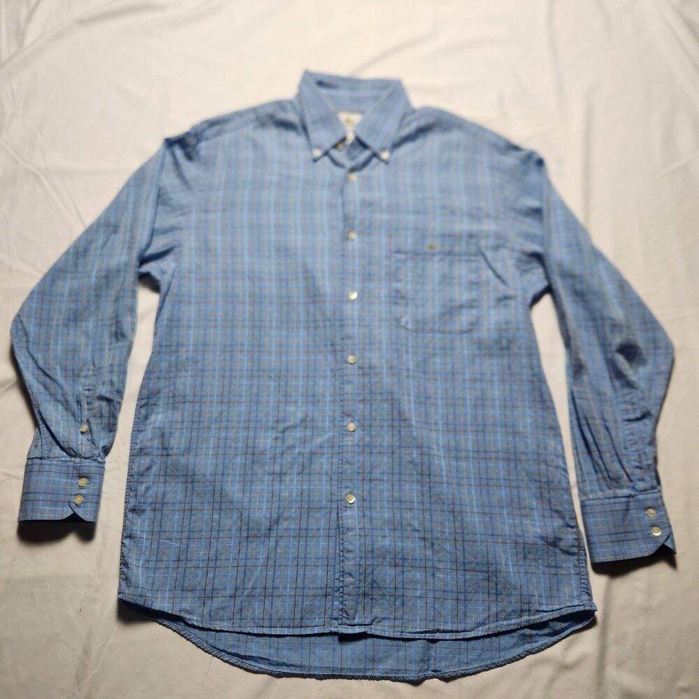 Lacoste Men's 42 100% Cotton Long Sleeve Button Down Plaid Shirt Blue Yellow